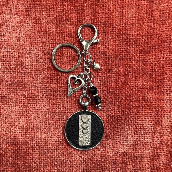 New BLACK LEATHER Bag Charm Heart Charm Silver Tone - Picture 3 of 7